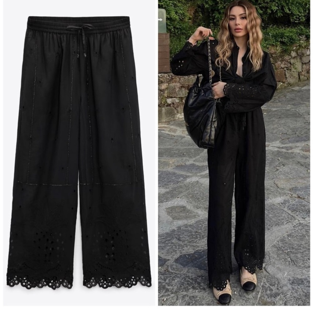 Black ZARA Pants With Cutwork Embroidery and Beaded Accents NWT, Size S